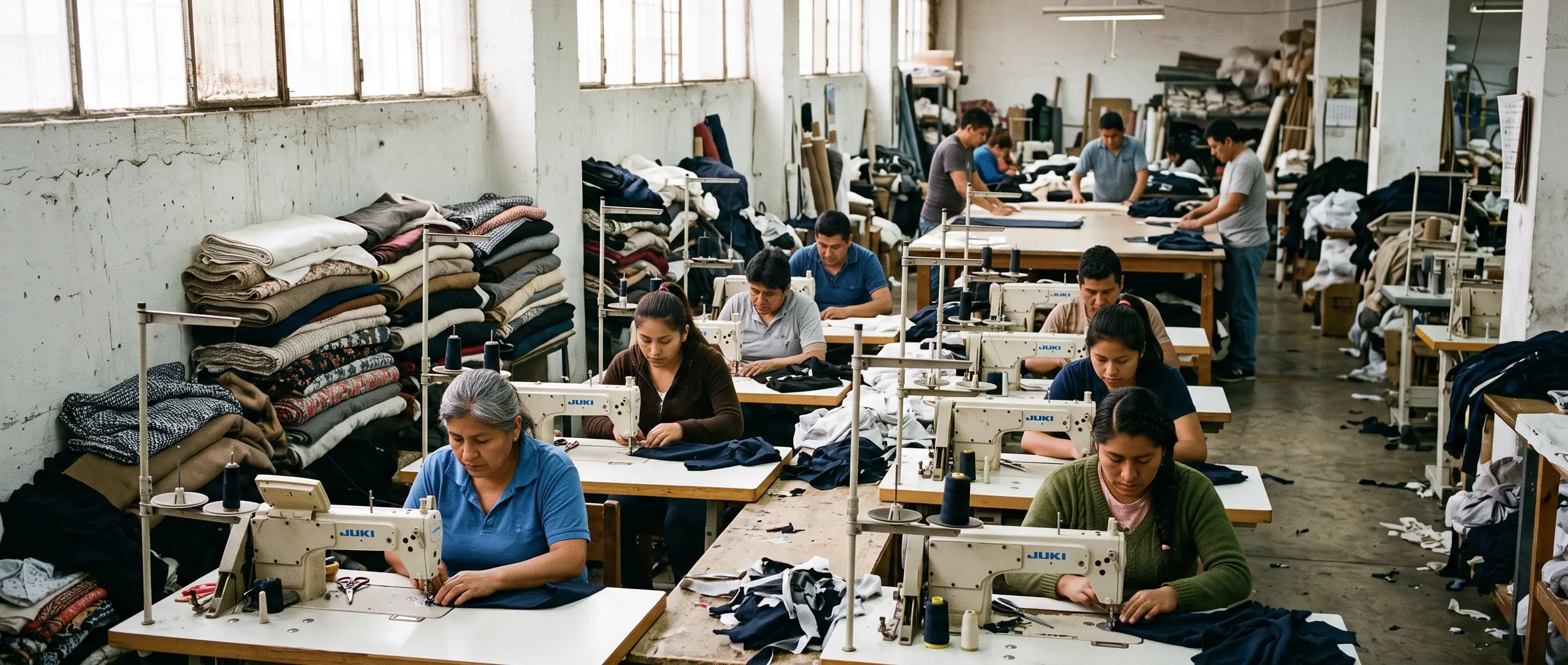 Taller de confección en Lima: una decena de trabajadores y trabajadoras frente a máquinas de coser industriales y mesas de corte, con rollos de tela apilados junto a la pared.