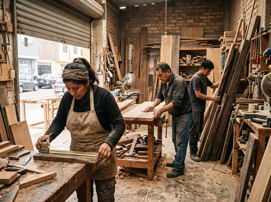 Taller de carpintería en Lima: una trabajadora con mandil mide un tablón mientras dos compañeros lijan y apilan madera junto al portón abierto.