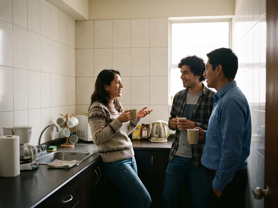 Comedor de una oficina en Lima: tres colegas conversan de pie con tazas de café en la mano, junto al mesón de la cocina.